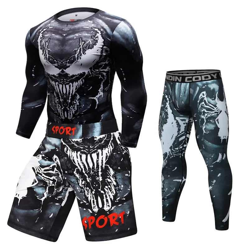 New BJJ Boxing Set Compression Jersey Pants 3D Venom Print Rashguard Kickboxing Tight T-shirts Pants Muay Thai MMA Fightwear